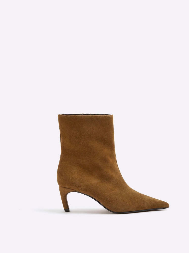 River Island Brown Wide Fit Suedette Point Toe Kitten Heel Boots - Image 2 of 5
