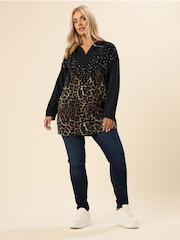 Yours Curve Black Leopard Print Diamante Hoodie - Image 2 of 5