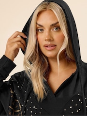 Yours Curve Black Leopard Print Diamante Hoodie - Image 4 of 5