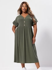 Yours Curve Green Ribbed Frill Button Midaxi Dress - Image 1 of 5
