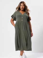 Yours Curve Green Ribbed Frill Button Midaxi Dress - Image 2 of 5