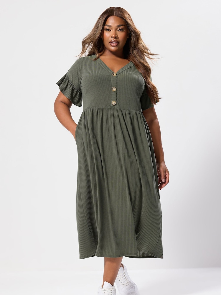 Yours Curve Green Ribbed Frill Button Midaxi Dress - Image 2 of 5