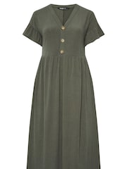 Yours Curve Green Ribbed Frill Button Midaxi Dress - Image 5 of 5