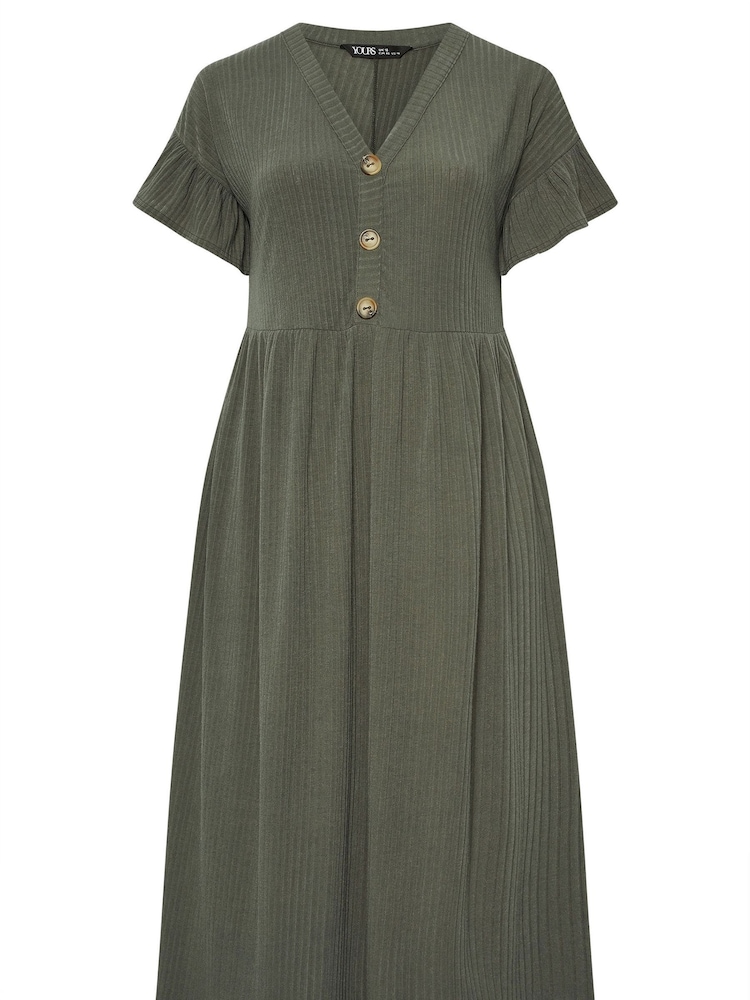 Yours Curve Green Ribbed Frill Button Midaxi Dress - Image 5 of 5