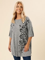 Yours Curve Grey Animal Print Drop Shoulder Top - Image 1 of 5
