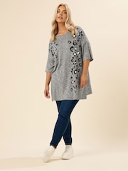 Yours Curve Grey Animal Print Drop Shoulder Top - Image 2 of 5