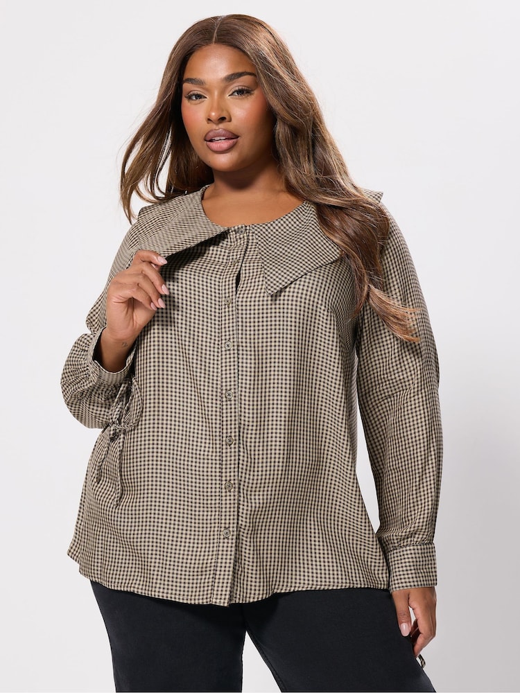 Yours Curve Natural Collared Check Blouse - Image 1 of 5