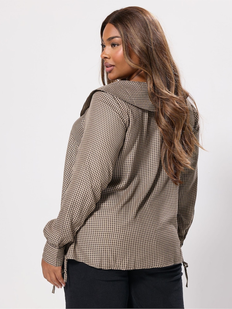 Yours Curve Natural Collared Check Blouse - Image 2 of 5