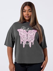 Yours Curve Black Limited Butterfly Believe T-Shirt - Image 1 of 5