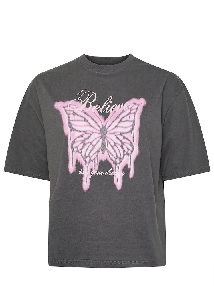 Yours Curve Black Limited Butterfly Believe T-Shirt - Image 5 of 5