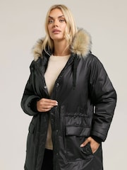 Yours Curve Black Waxy Luxe Parka - Image 1 of 5