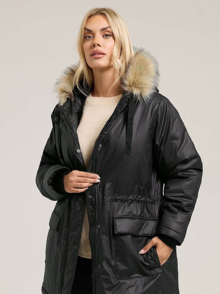 Yours Curve Black Waxy Luxe Parka - Image 1 of 5 Yours Curve Black Waxy Luxe Parka - Image 1 of 5