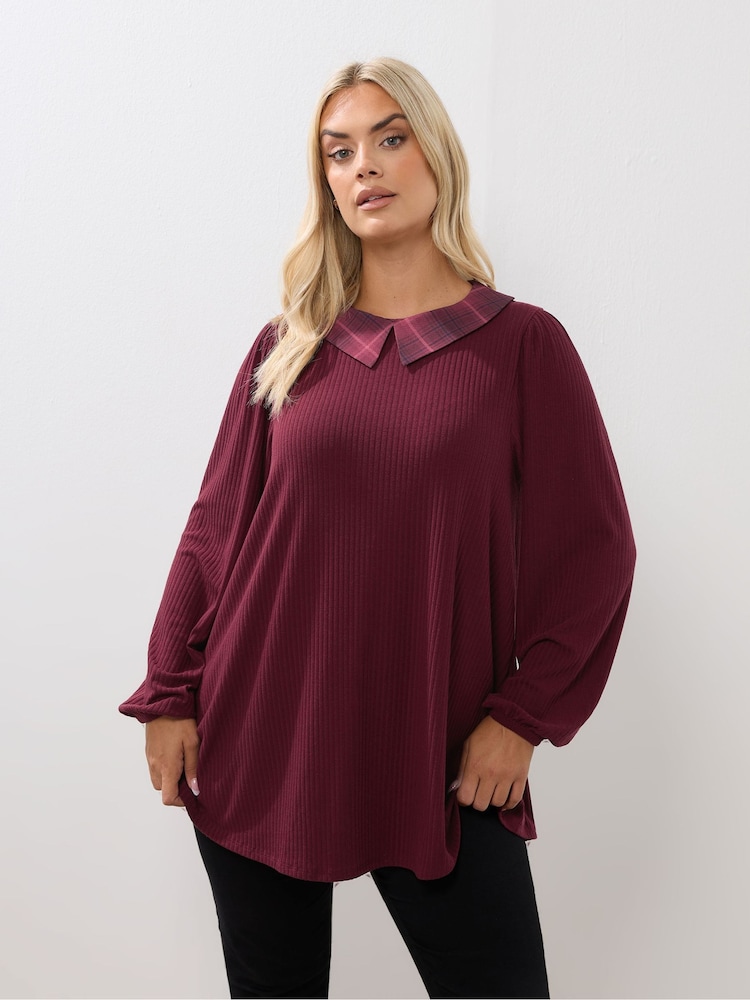 Yours Curve Red Collared Ribbed Balloon Sleeve Top - Image 1 of 5