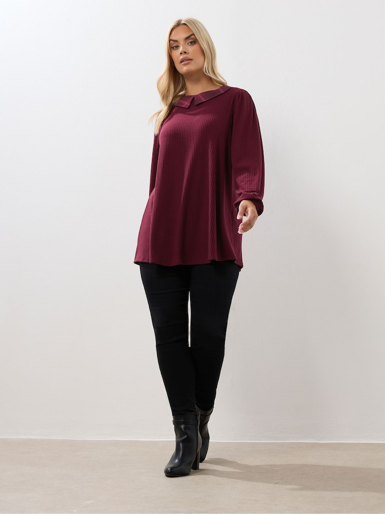 Yours Curve Red Collared Ribbed Balloon Sleeve Top - Image 2 of 5