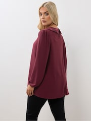 Yours Curve Red Collared Ribbed Balloon Sleeve Top - Image 3 of 5