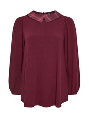 Yours Curve Red Collared Ribbed Balloon Sleeve Top - Image 5 of 5