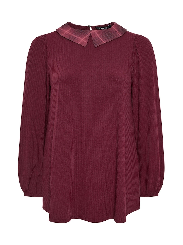Yours Curve Red Collared Ribbed Balloon Sleeve Top - Image 5 of 5