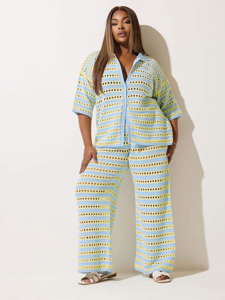 Yours Curve Blue Limited Stripe Knitted Shirt - Image 2 of 5 Yours Curve Blue Limited Stripe Knitted Shirt - Image 2 of 5