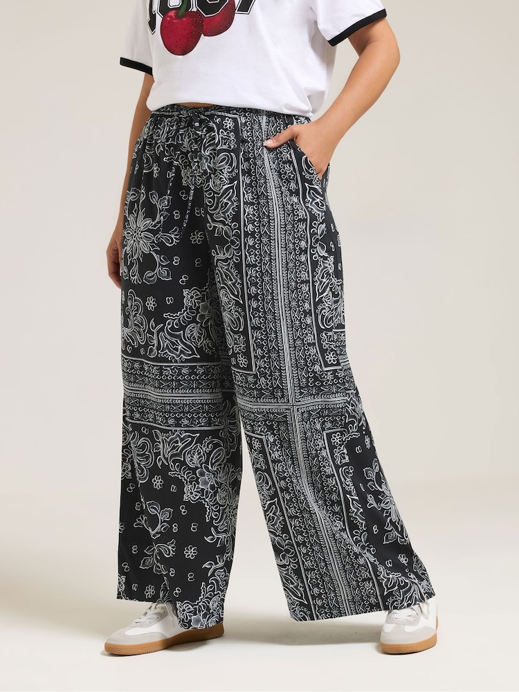 Yours Curve Black Paisley Wide Leg Trousers - Image 1 of 5