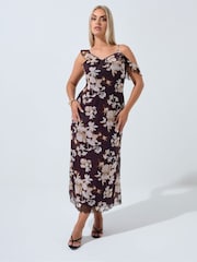 Yours Curve Brown Limited Floral Print Frilled Strap Dress - Image 1 of 5