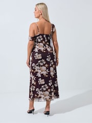 Yours Curve Brown Limited Floral Print Frilled Strap Dress - Image 2 of 5