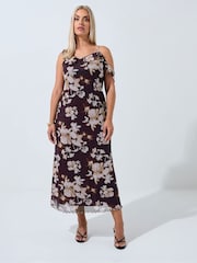 Yours Curve Brown Limited Floral Print Frilled Strap Dress - Image 3 of 5