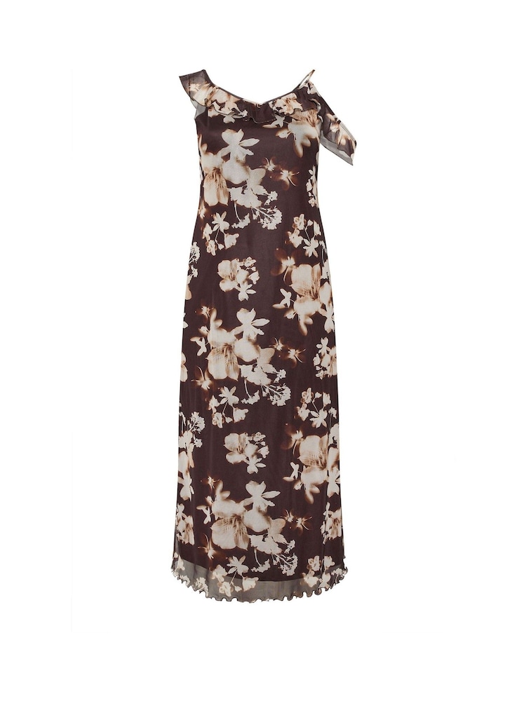 Yours Curve Brown Limited Floral Print Frilled Strap Dress - Image 5 of 5