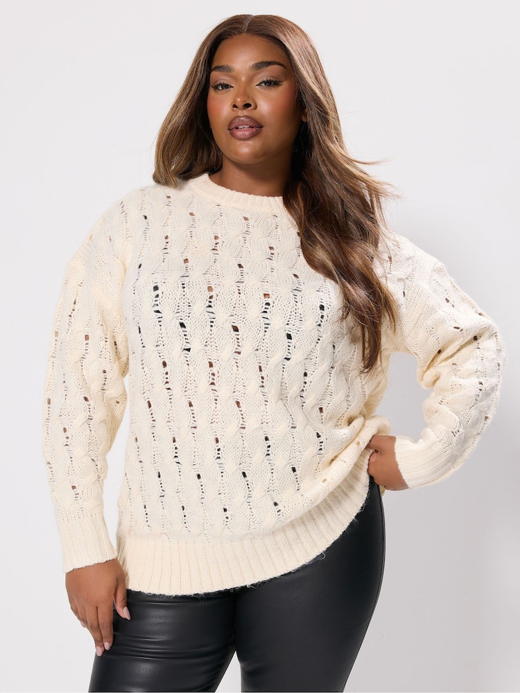 Yours Curve White Cable Knit Crew Neck Jumper - Image 2 of 6