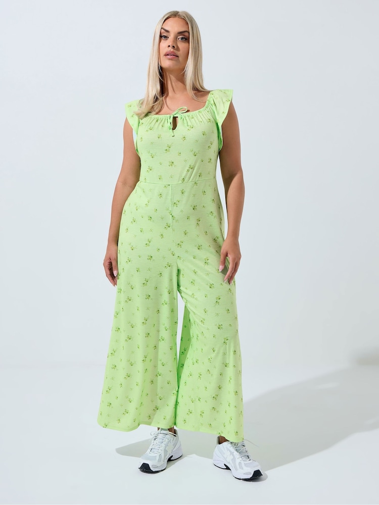 Yours Curve Green Limited Frilled Sleeve Bardot Jumpsuit - Image 1 of 5