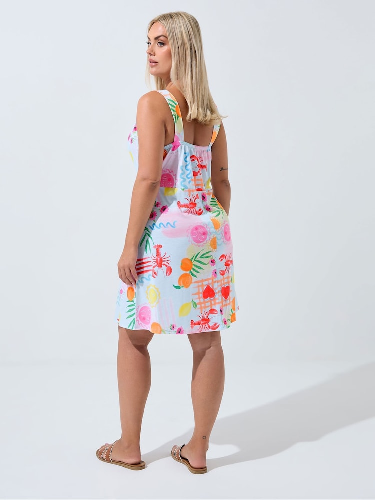 Yours Curve Blue Limited Mini Tie Beach Motif Dress - Image 2 of 5 Yours Curve Blue Limited Mini Tie Beach Motif Dress - Image 2 of 5