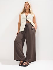 Yours Curve Brown Washed Twill Wide Leg Trousers - Image 1 of 5