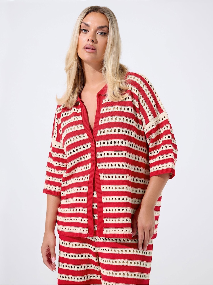 Yours Curve Red Limited Stripe Knitted Shirt - Image 1 of 5