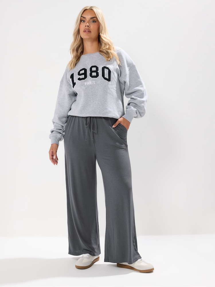 Yours Curve Grey Wide Leg Ribbed Pull On Trousers - Image 1 of 5