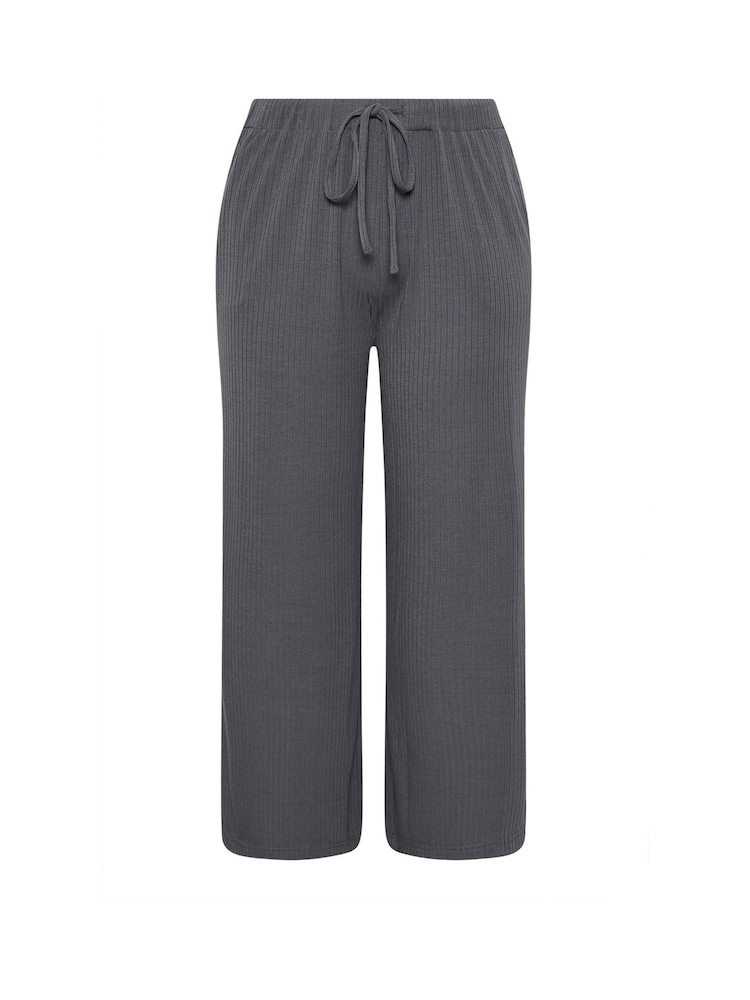 Yours Curve Grey Wide Leg Ribbed Pull On Trousers - Image 5 of 5