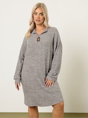 Yours Curve Brown Zip Neck Jumper Dress - Image 1 of 5