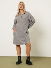 Yours Curve Brown Zip Neck Jumper Dress - Image 2 of 5