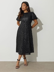 PixieGirl Petite Black Tie Back Sequin Midi Dress - Image 1 of 5