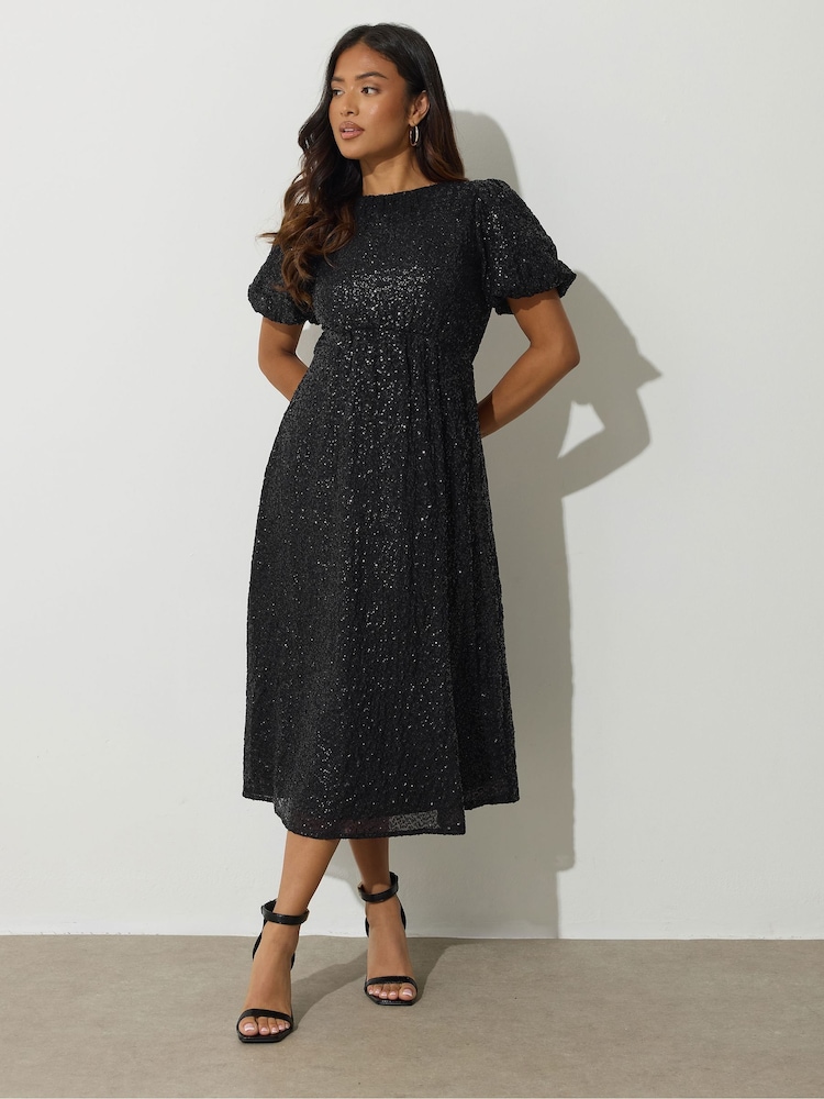 PixieGirl Petite Black Tie Back Sequin Midi Dress - Image 1 of 5 PixieGirl Petite Black Tie Back Sequin Midi Dress - Image 1 of 5