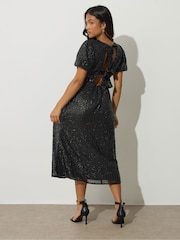 PixieGirl Petite Black Tie Back Sequin Midi Dress - Image 3 of 5