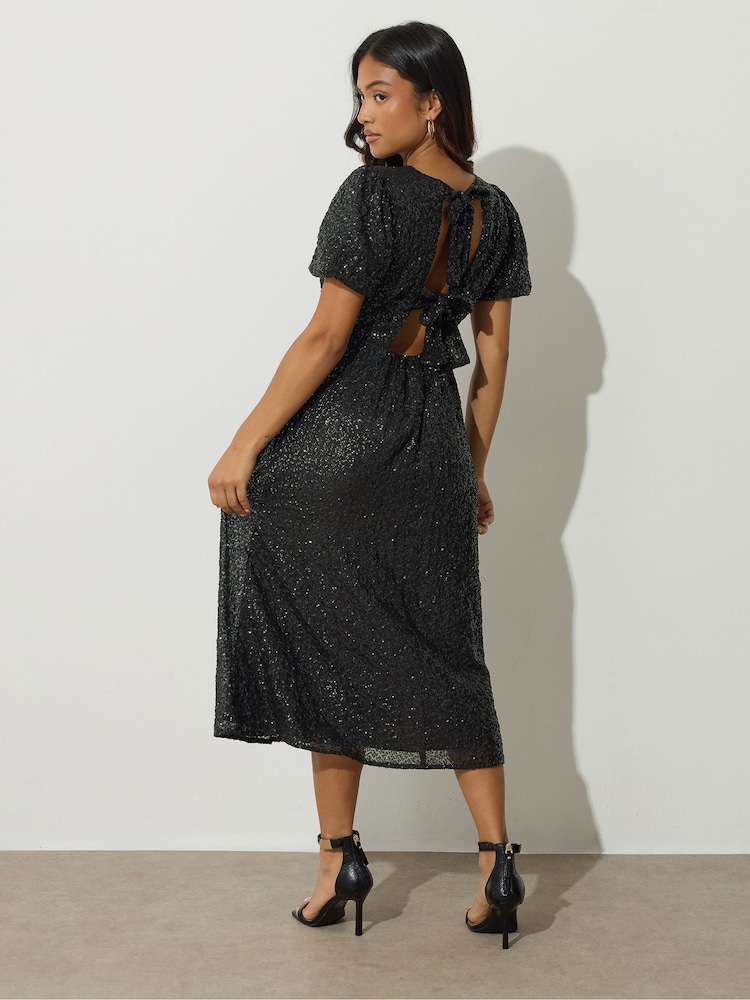 Womens PixieGirl Petite Black Tie Back Sequin Midi Dress US 6 Petite Womens PixieGirl Petite Black Tie Back Sequin Midi Dress US 6 Petite