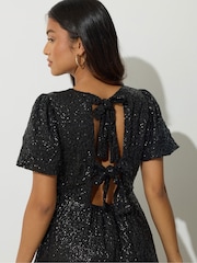 PixieGirl Petite Black Tie Back Sequin Midi Dress - Image 4 of 5
