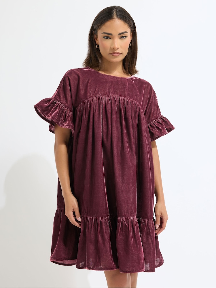 PixieGirl Petite Red Velvet Frilled Smock Dress - Image 1 of 2