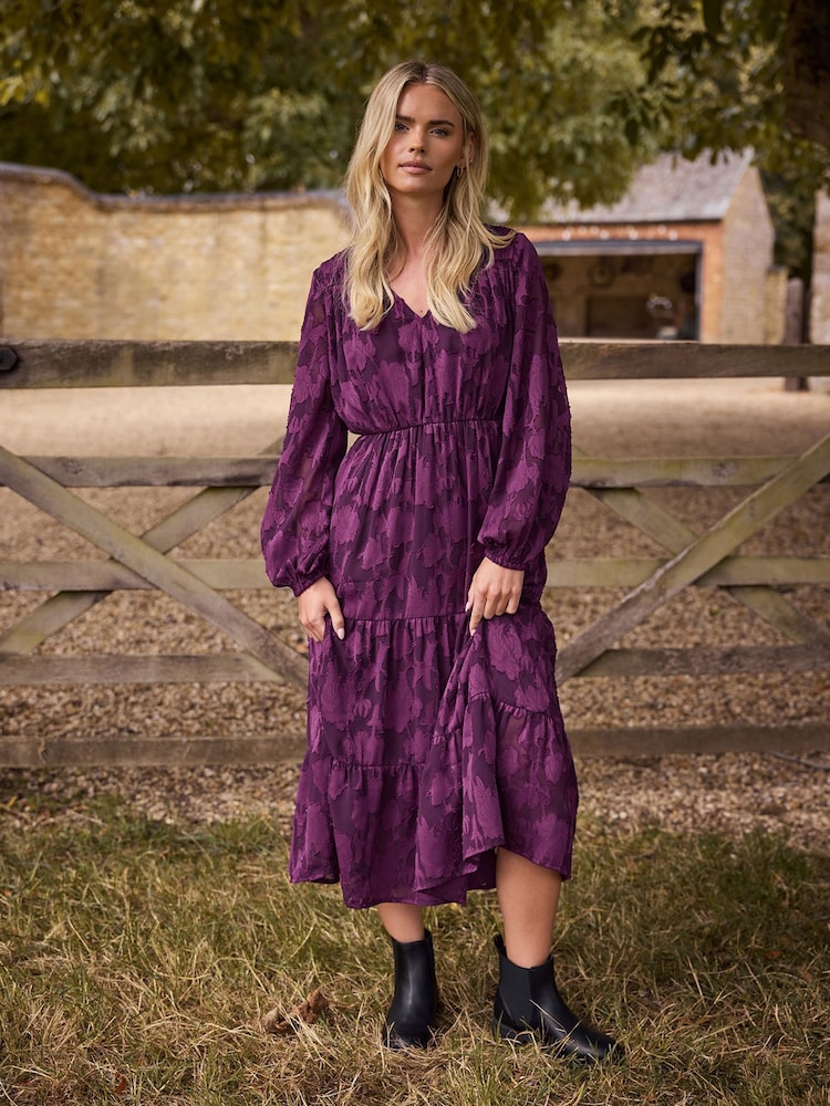 M&Co Purple Petite Jaquard Long Sleeve Boho Dress - Image 2 of 6