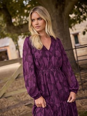 M&Co Purple Petite Jaquard Long Sleeve Boho Dress - Image 4 of 6