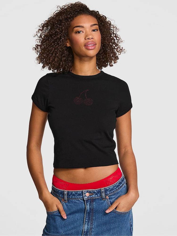 Victoria's Secret PINK Black Cherry Print Retro T-Shirt - Image 1 of 3