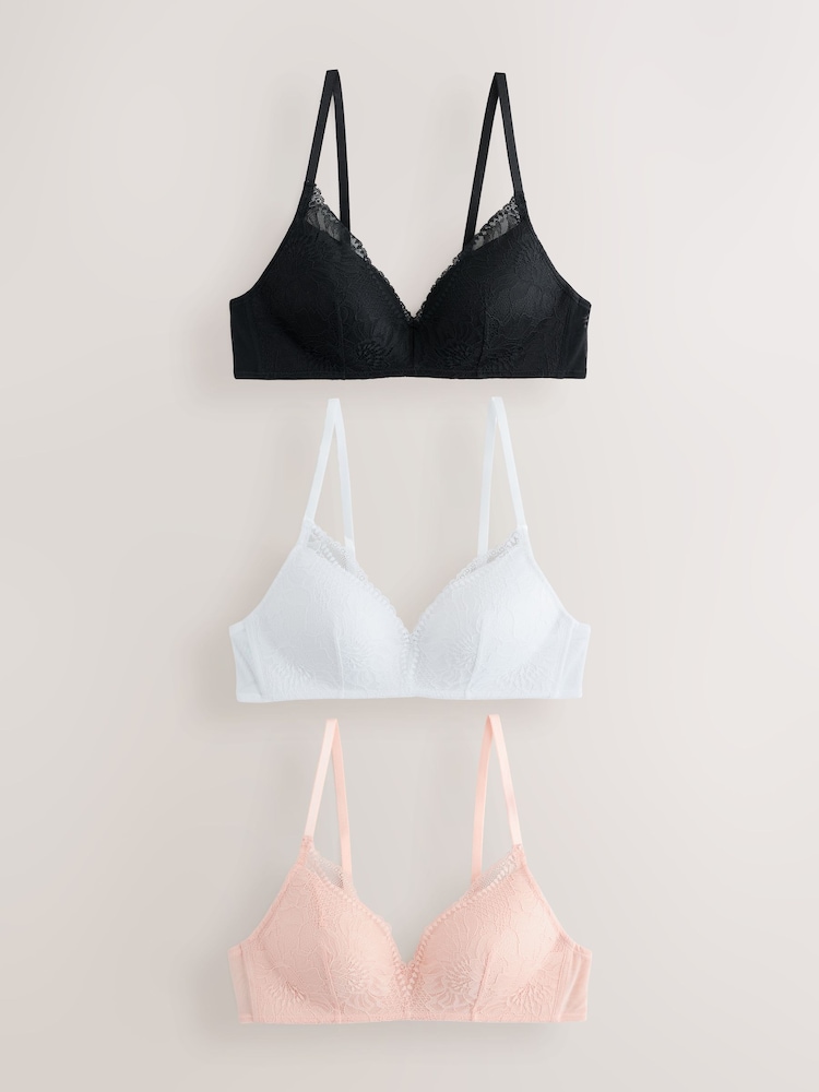 Black/Pink/White Pad Non Wire Lace Bras 3 Pack - Image 1 of 11