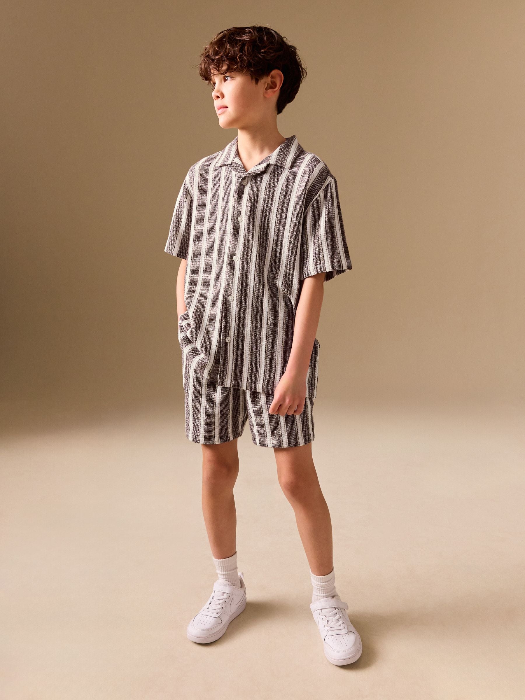 Buy Chocolate Brown Short Sleeve Textured Stripe Shirt and Shorts