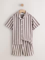 Chocolate Brown Short Sleeve Textured Stripe Shirt and Shorts Set (3-16yrs) - Image 1 of 8