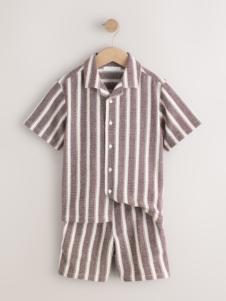 Chocolate Brown Short Sleeve Textured Stripe Shirt and Shorts Set (3-16yrs) - Image 1 of 8