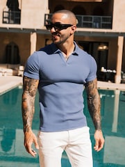 Azul - MAUVAIS Elysee Ribbed Revere Polo - Imagem 1 de 4